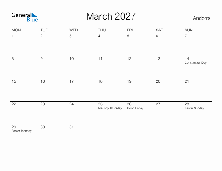 Printable March 2027 Calendar for Andorra