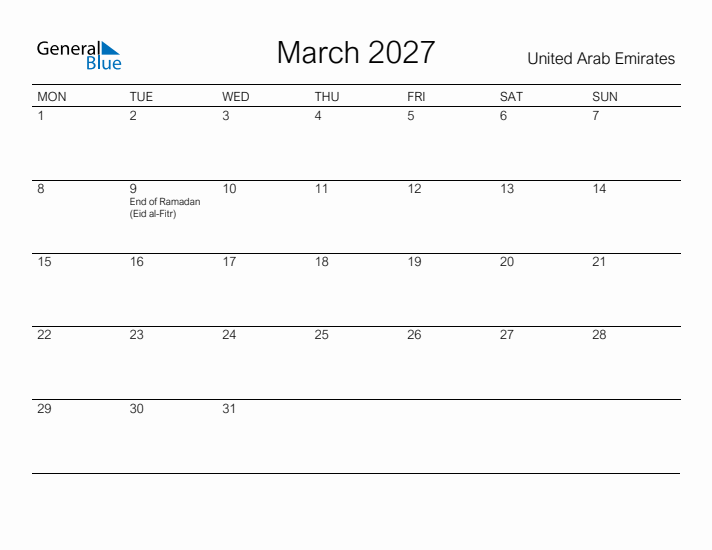 Printable March 2027 Calendar for United Arab Emirates
