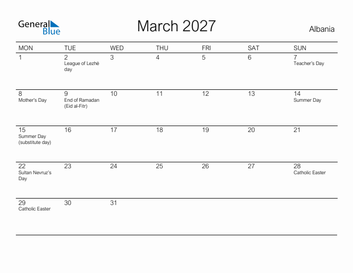 Printable March 2027 Calendar for Albania