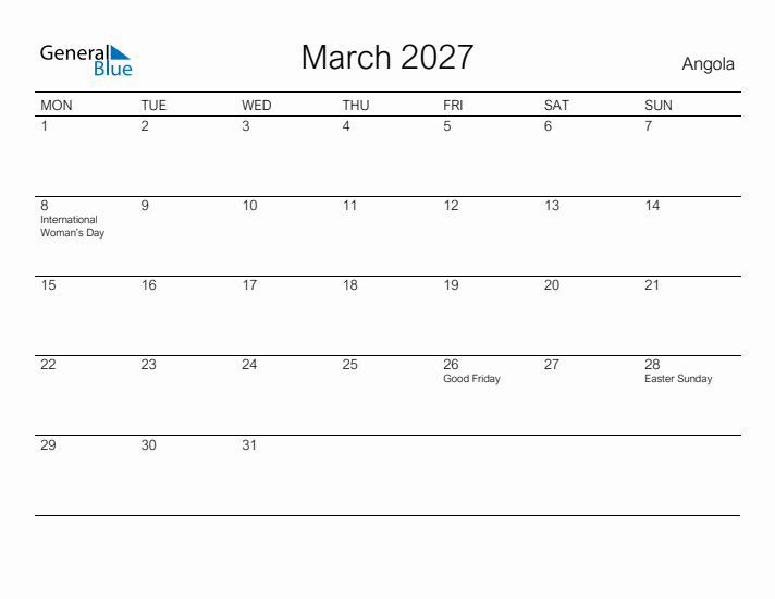 Printable March 2027 Calendar for Angola