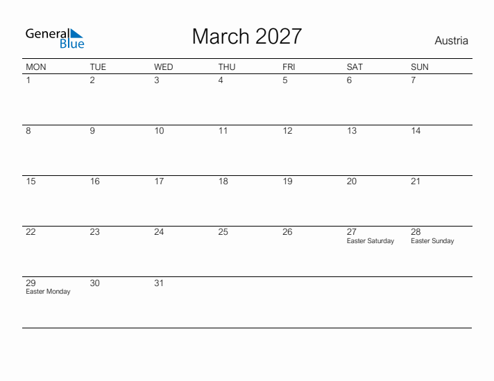 Printable March 2027 Calendar for Austria