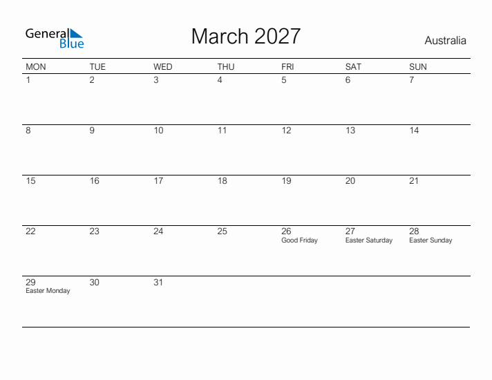 Printable March 2027 Calendar for Australia