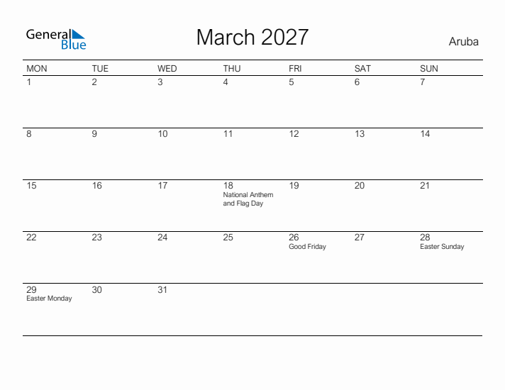 Printable March 2027 Calendar for Aruba