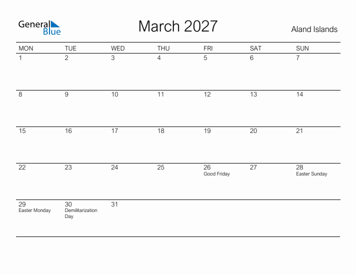 Printable March 2027 Calendar for Aland Islands