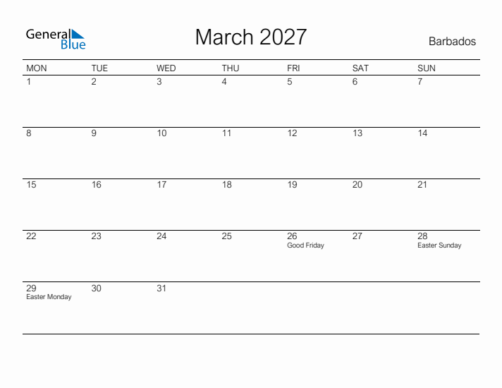 Printable March 2027 Calendar for Barbados