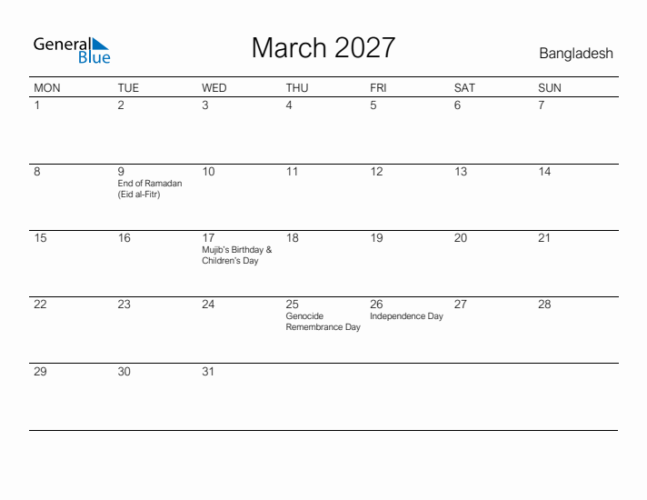 Printable March 2027 Calendar for Bangladesh