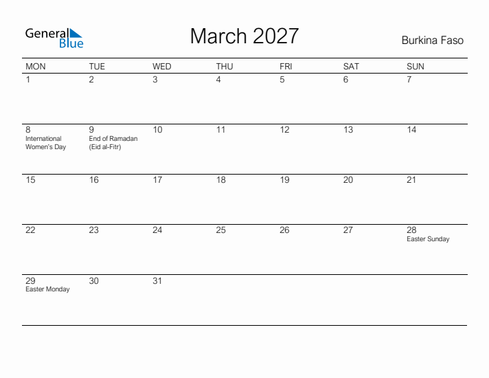 Printable March 2027 Calendar for Burkina Faso