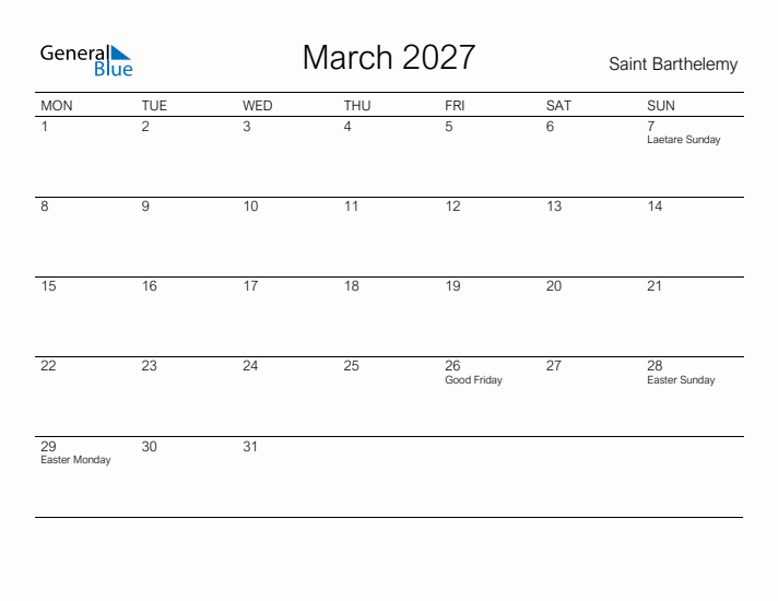 Printable March 2027 Calendar for Saint Barthelemy