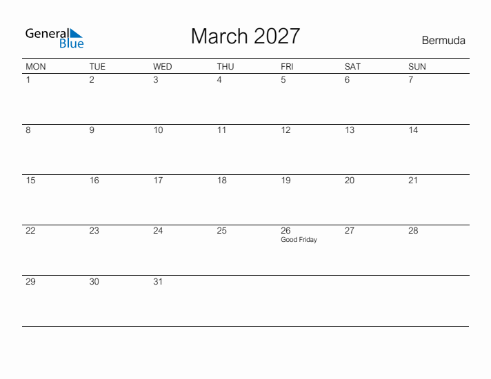 Printable March 2027 Calendar for Bermuda