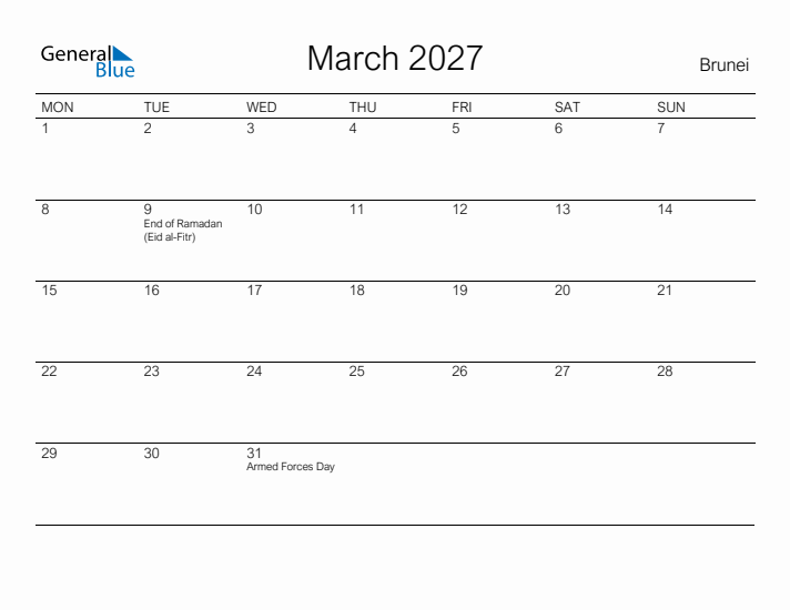 Printable March 2027 Calendar for Brunei