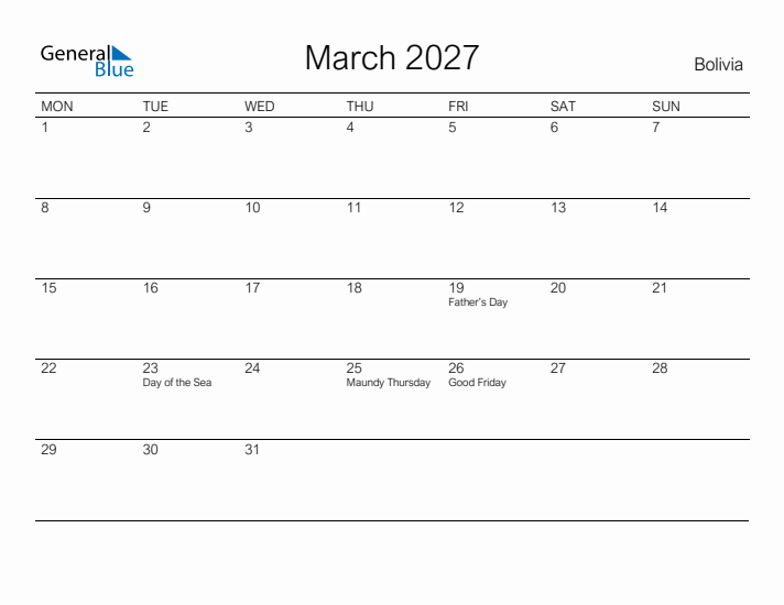 Printable March 2027 Calendar for Bolivia