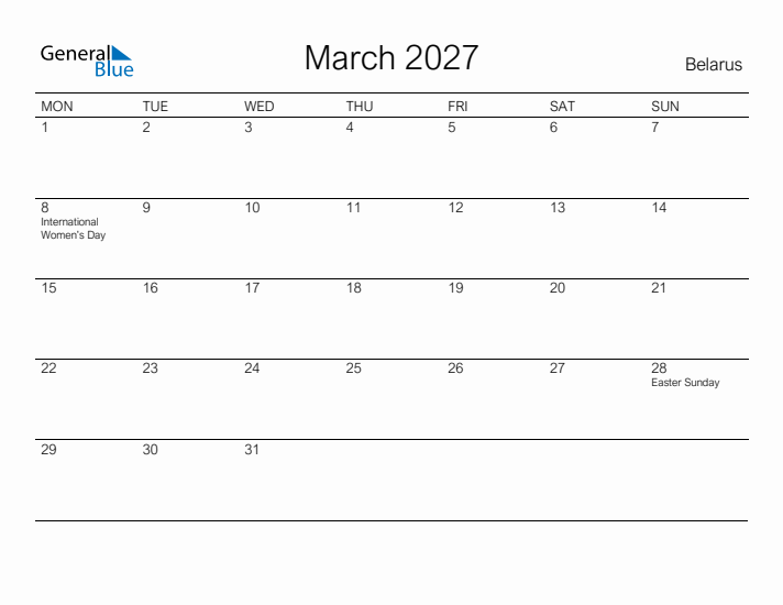Printable March 2027 Calendar for Belarus
