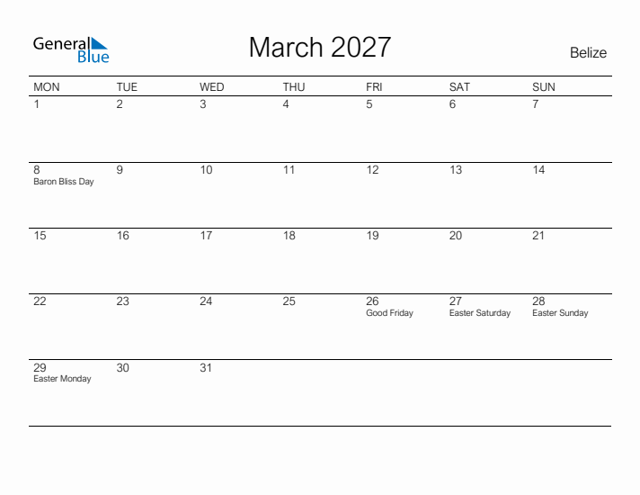 Printable March 2027 Calendar for Belize