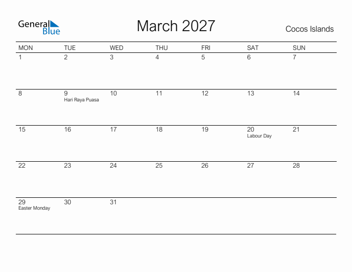 Printable March 2027 Calendar for Cocos Islands