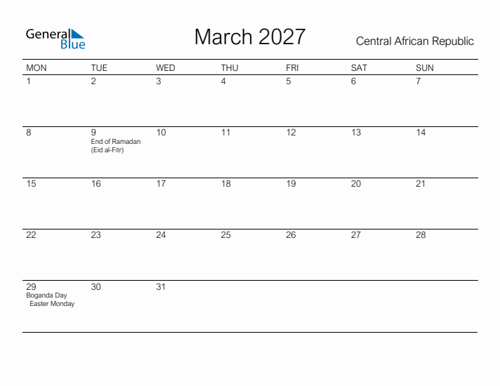 Printable March 2027 Calendar for Central African Republic