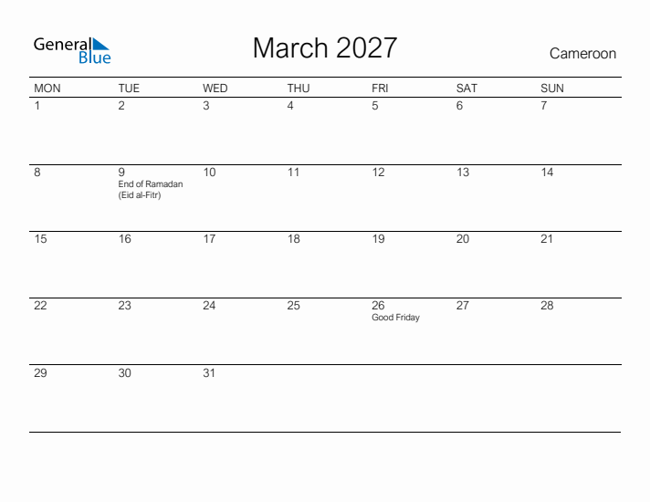 Printable March 2027 Calendar for Cameroon