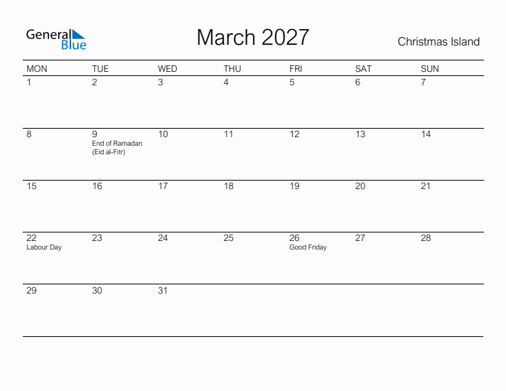 Printable March 2027 Calendar for Christmas Island