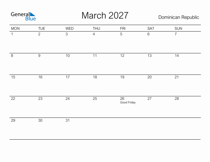 Printable March 2027 Calendar for Dominican Republic