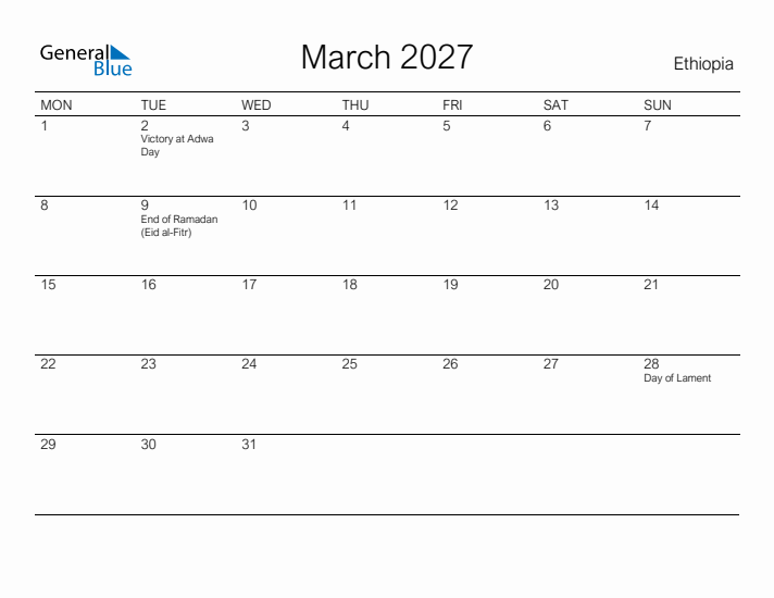 Printable March 2027 Calendar for Ethiopia
