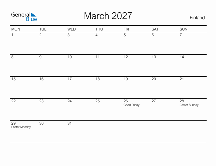Printable March 2027 Calendar for Finland