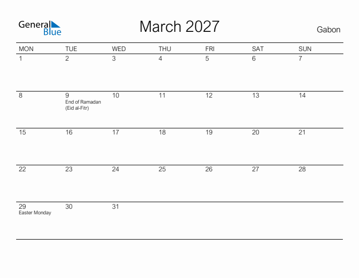 Printable March 2027 Calendar for Gabon