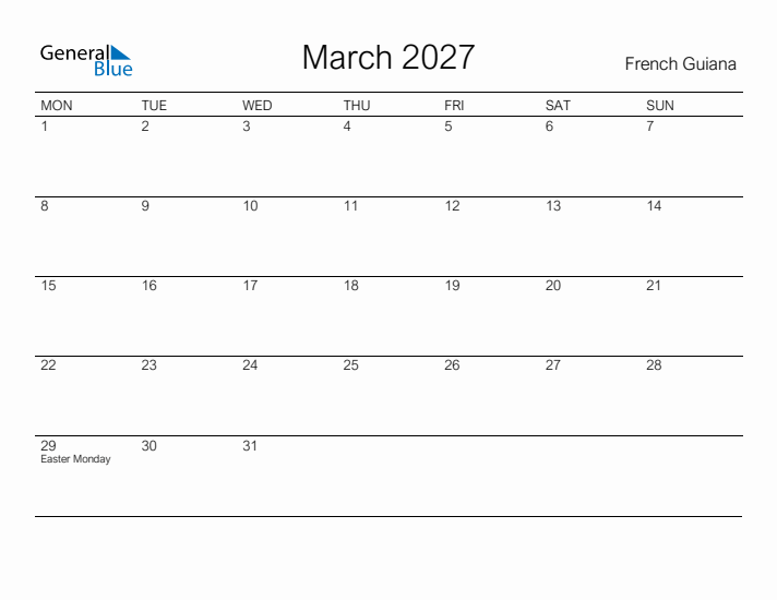 Printable March 2027 Calendar for French Guiana