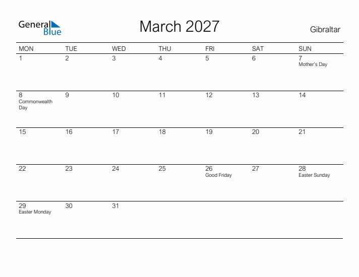 Printable March 2027 Calendar for Gibraltar