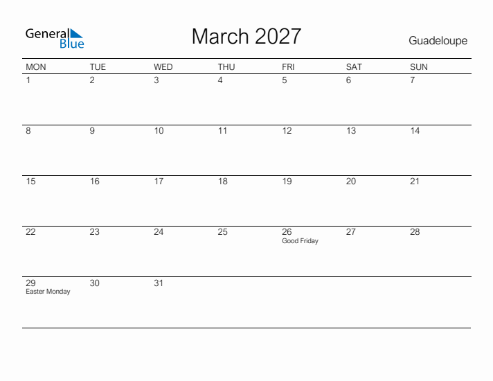 Printable March 2027 Calendar for Guadeloupe