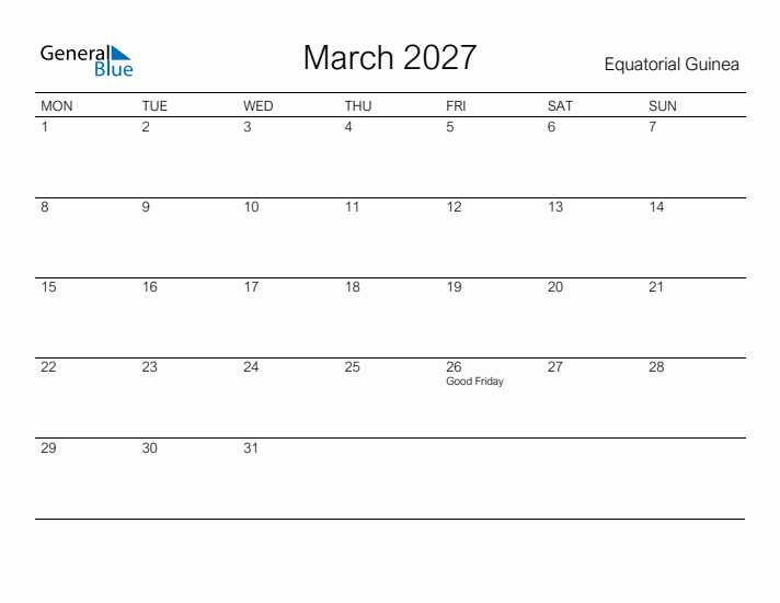 Printable March 2027 Calendar for Equatorial Guinea