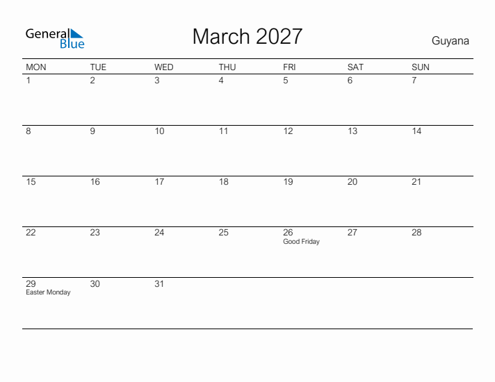Printable March 2027 Calendar for Guyana