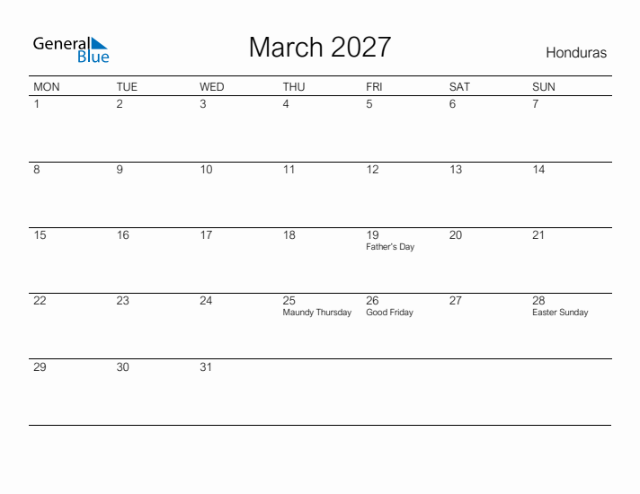 Printable March 2027 Calendar for Honduras