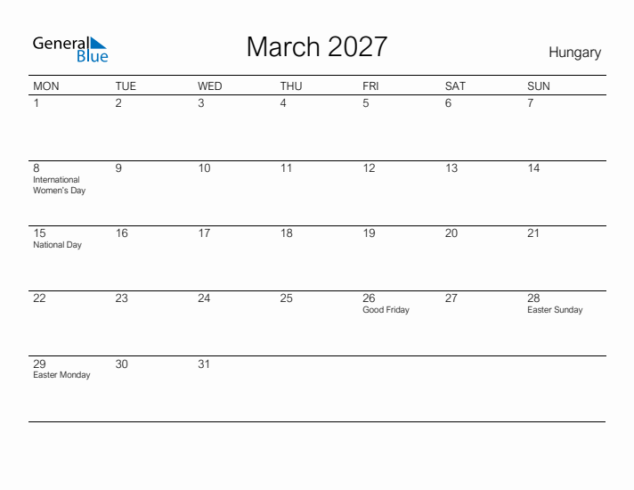 Printable March 2027 Calendar for Hungary