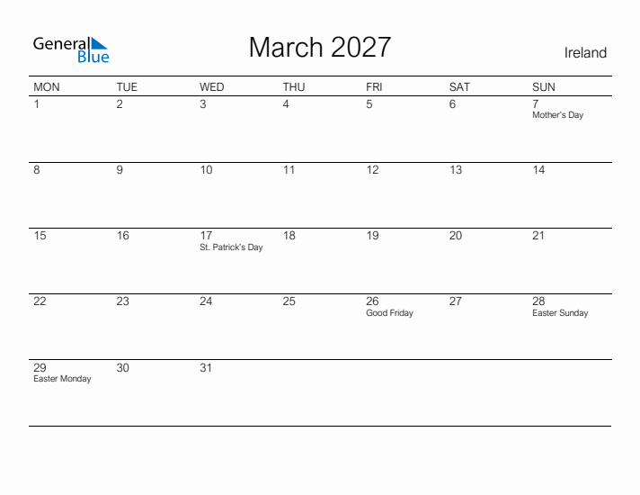 Printable March 2027 Calendar for Ireland