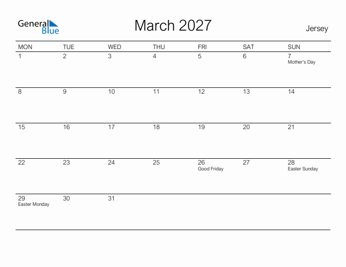 Printable March 2027 Calendar for Jersey