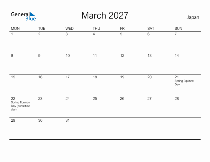 Printable March 2027 Calendar for Japan