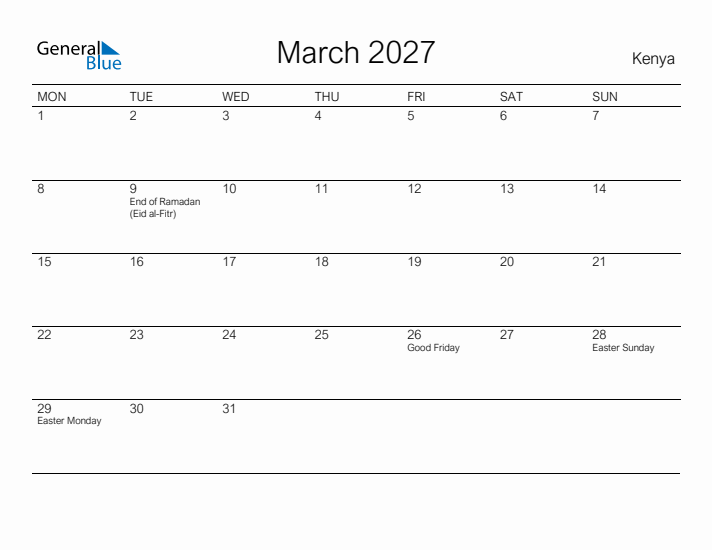 Printable March 2027 Calendar for Kenya