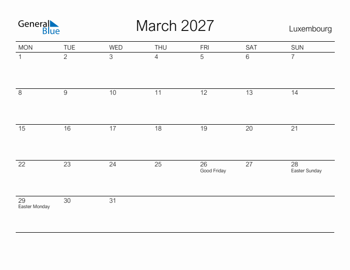 Printable March 2027 Calendar for Luxembourg