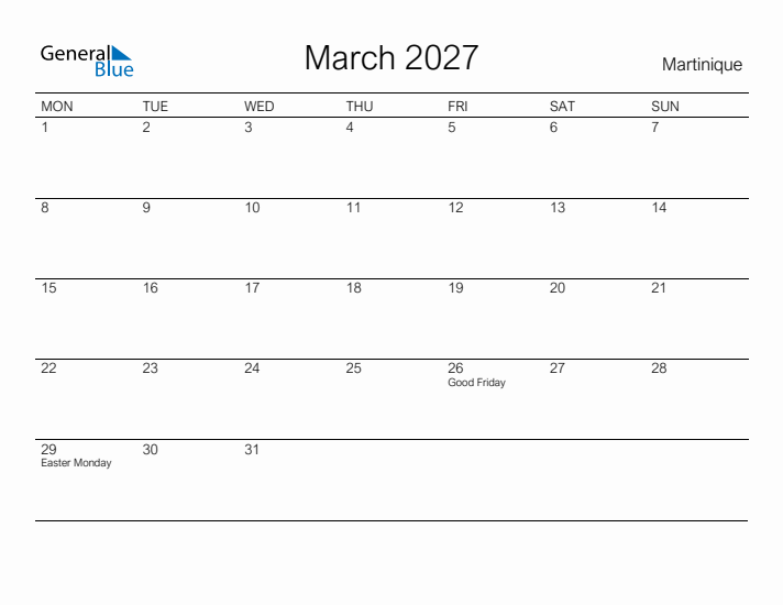 Printable March 2027 Calendar for Martinique