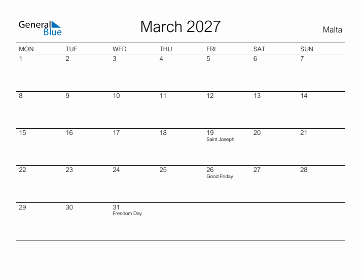 Printable March 2027 Calendar for Malta