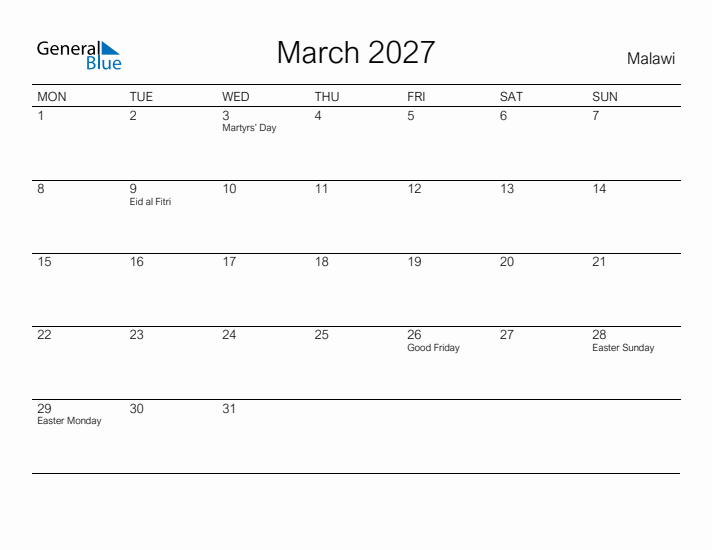 Printable March 2027 Calendar for Malawi