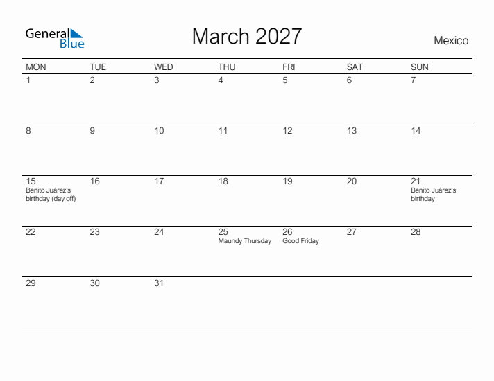 Printable March 2027 Calendar for Mexico