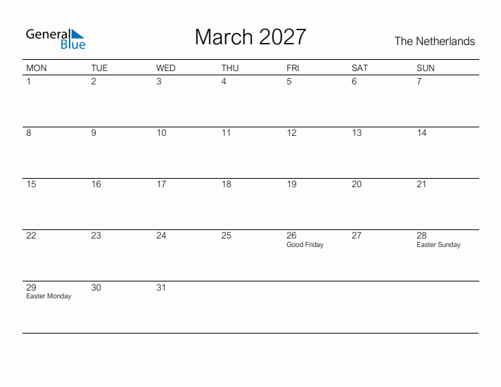 Printable March 2027 Calendar for The Netherlands