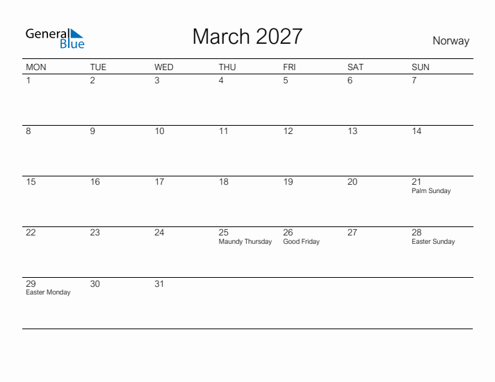 Printable March 2027 Calendar for Norway