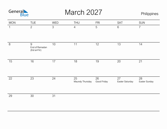 Printable March 2027 Calendar for Philippines
