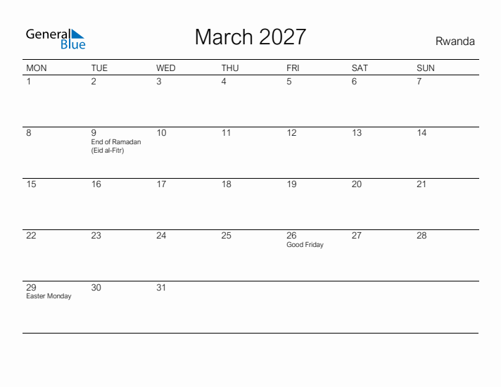 Printable March 2027 Calendar for Rwanda