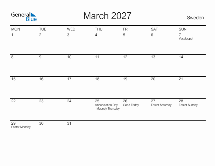 Printable March 2027 Calendar for Sweden