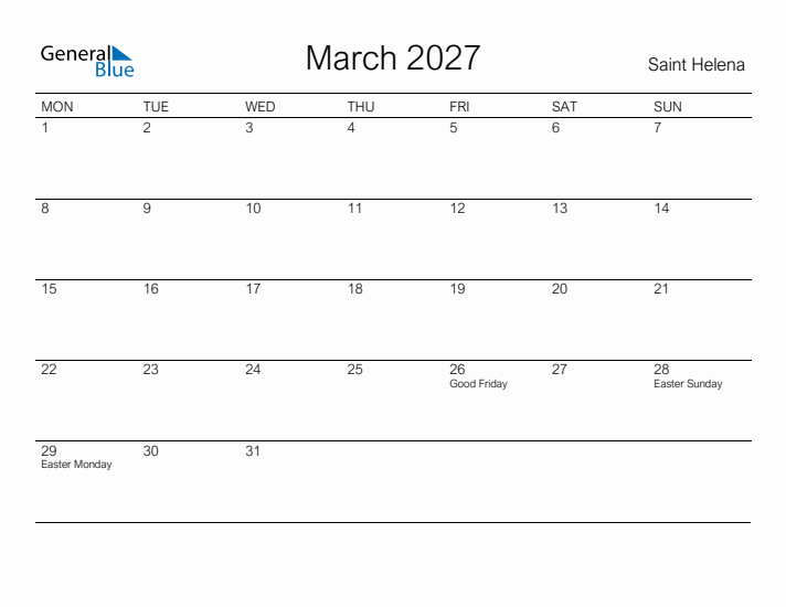 Printable March 2027 Calendar for Saint Helena