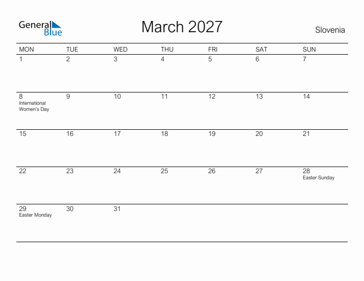 Printable March 2027 Calendar for Slovenia