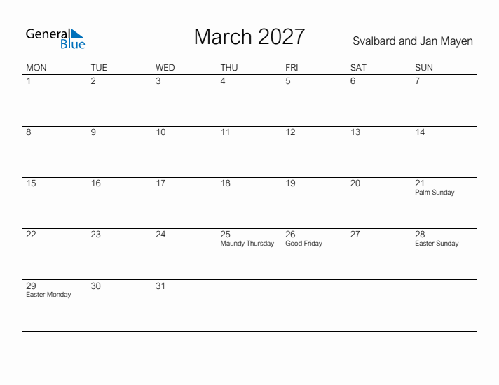 Printable March 2027 Calendar for Svalbard and Jan Mayen