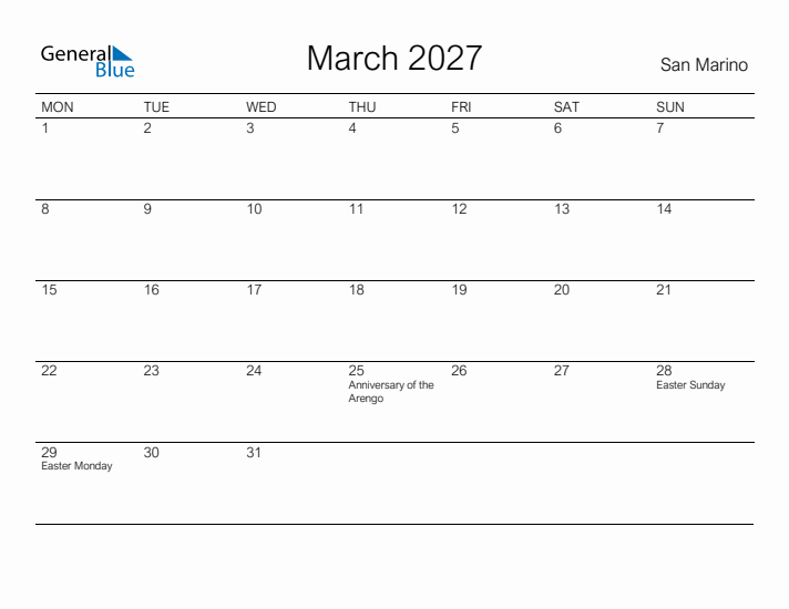 Printable March 2027 Calendar for San Marino